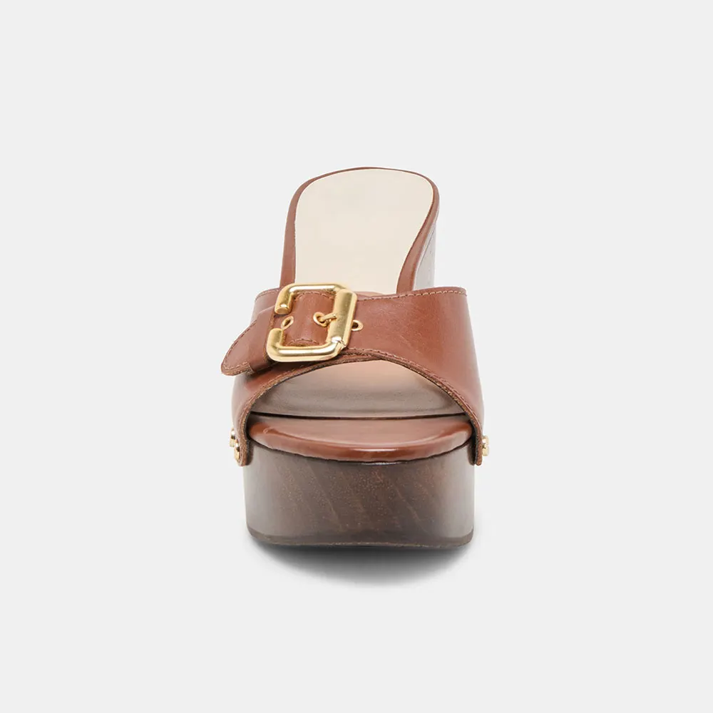 Brown Vegan Leather Open-Toe Buckle Decor Platform Mules with Studs