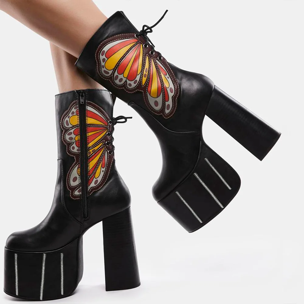 Black Leather Y2K Style Boots Butterfly Print Platform Chunky Heels Nicepairs