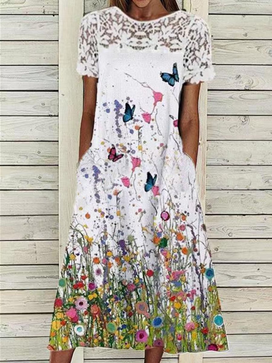 Round Neck Lace Floral Print Short Sleeve Midi Dress