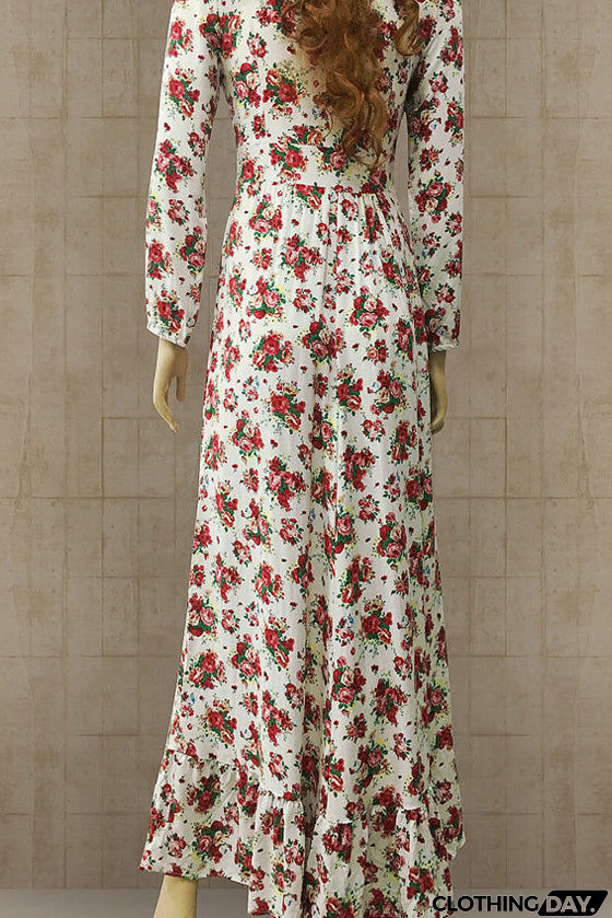 Plunging Long Sleeve Floral Maxi Dress