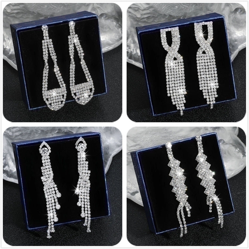 Luxurious Geometric Rhinestone Tassel Drop Earrings 1 Pair
