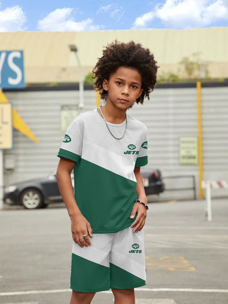 New York Jets  New Design Kids（5-14Y)' Casual Crew Neck T-shirt And Drawstring Shorts  2pcs/Set