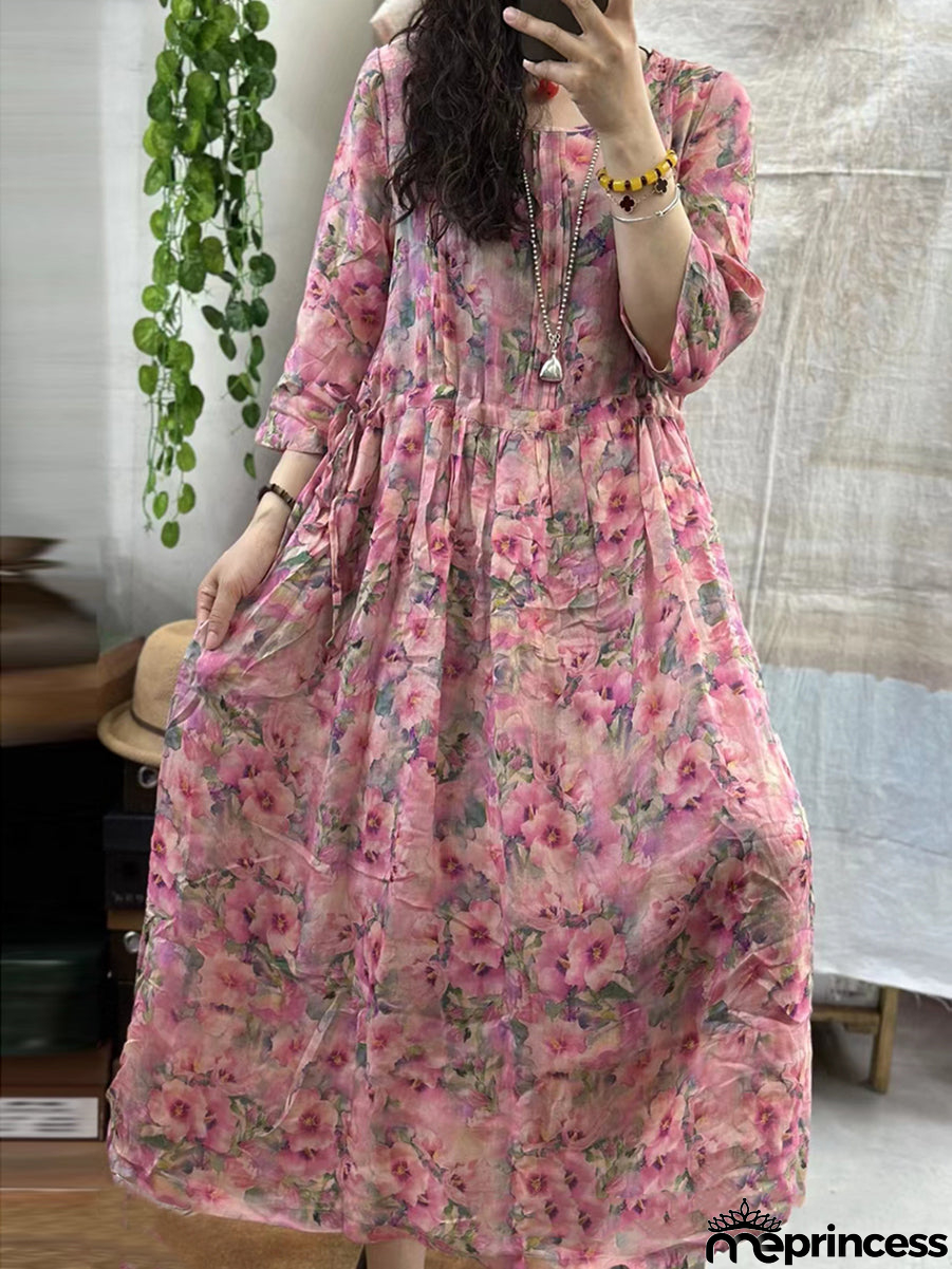 Women Summer Floral Artsy Strap Ramie Dress