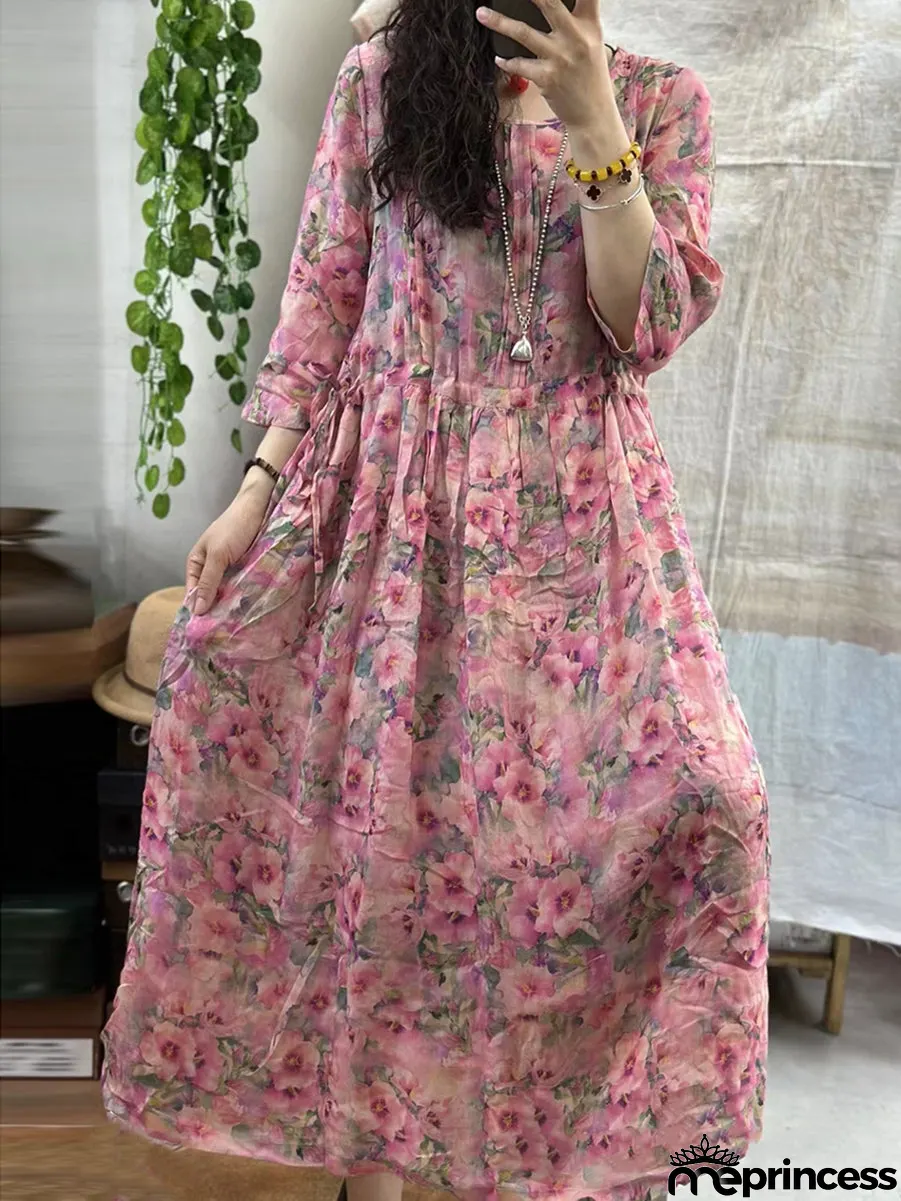 Women Summer Floral Artsy Strap Ramie Dress