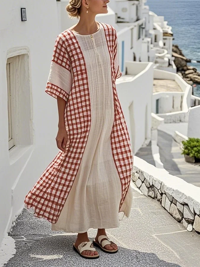 Women's Holiday Casual Round Neck Three-quarter Sleeve Plaid Printed Cotton and Linen Dress 