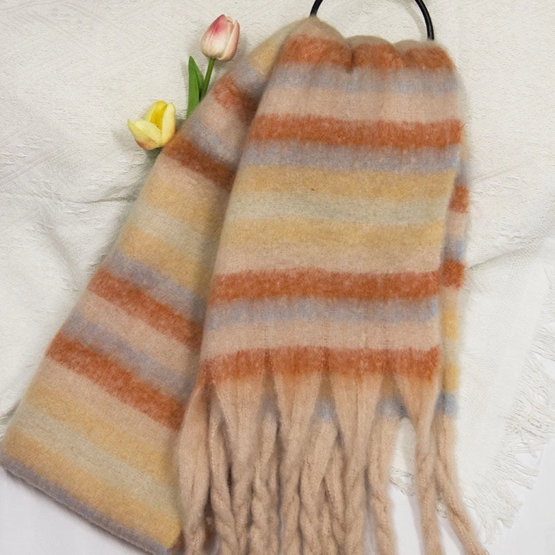 Latest Mohair Striped Tassel Scarf Fashion Geometric Gradient Shawl Japanese And Korean Versatile Thickened Scarf