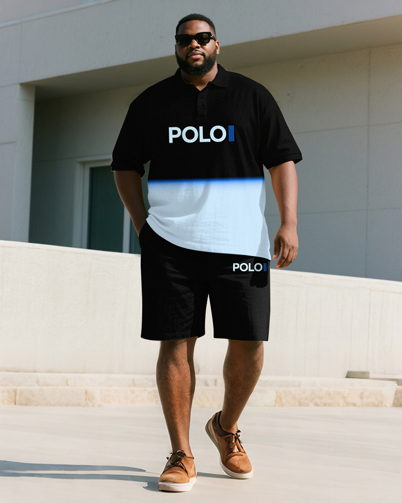 Men's Plus Size Black Gradient Color Block Letter Print Short Sleeve Polo Shirt Shorts Suit