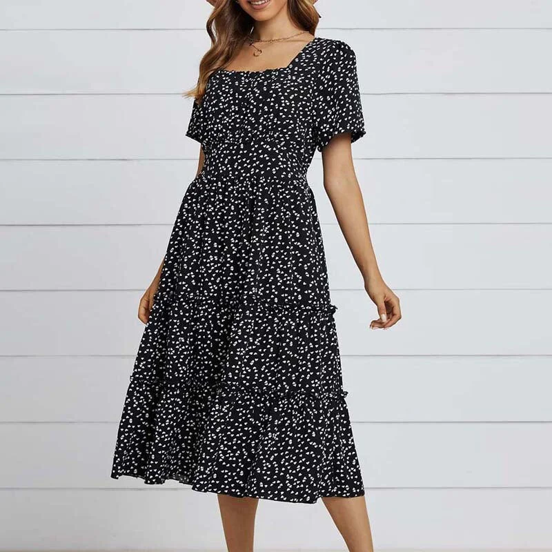 Summer Dress Women Short Sleeve High Waist Floral Print Midi Dress Casual Elegant Square Collar Holiday Beach clothes