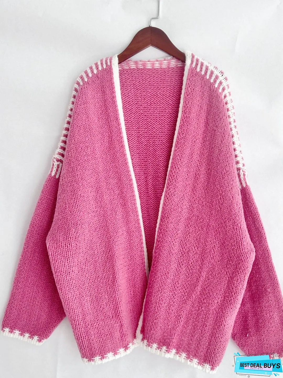Double Take Contrast Open Front Dropped Shoulder Cardigan