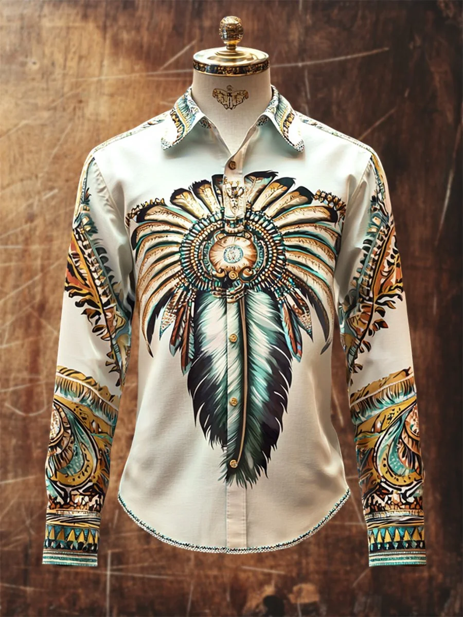 Men's Retro Casual Western Ethnic Print Long Sleeve Shirt 