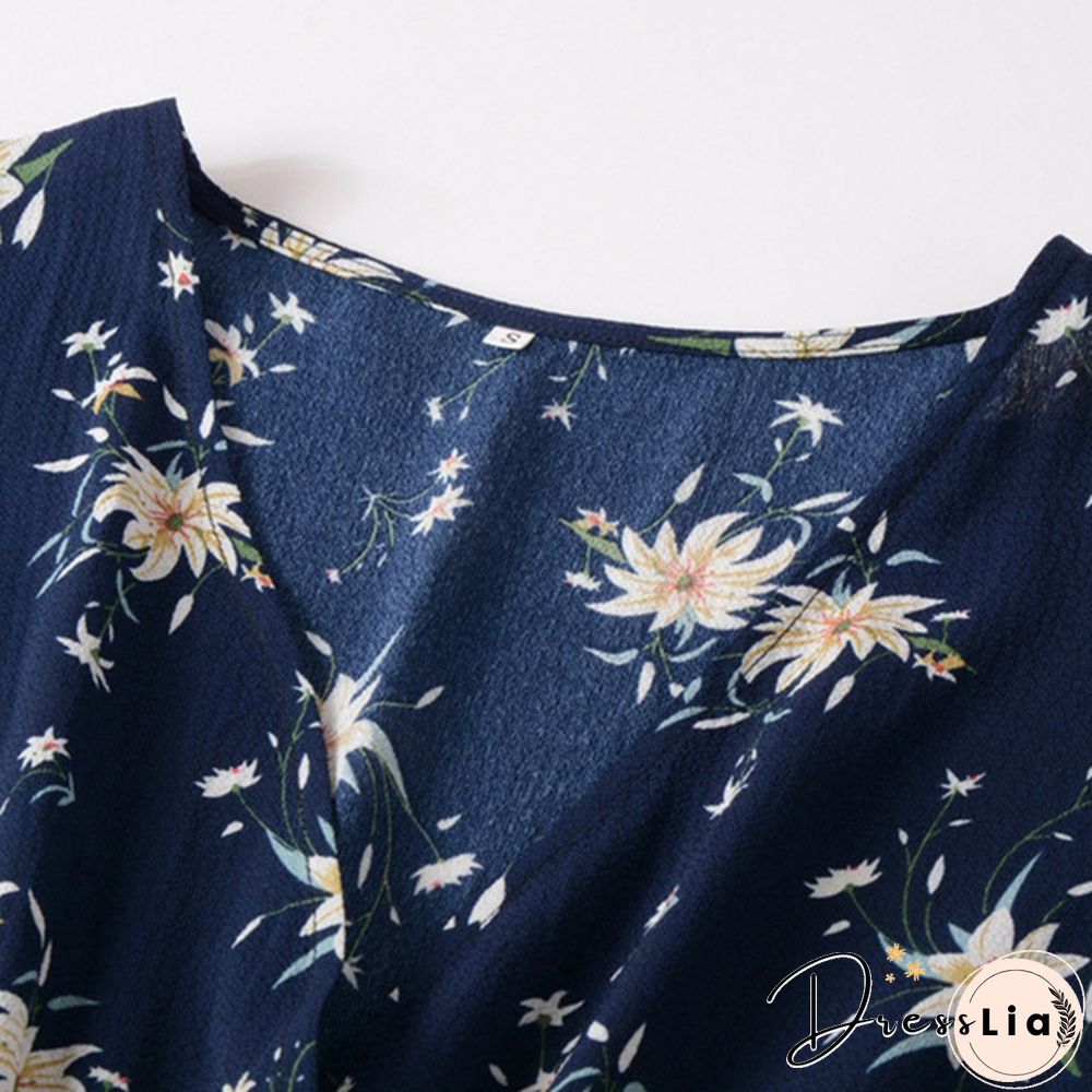 Women's Fashion Bohemian Skirt Chiffon Summer Print V-Neck Short-Sleeved Floral Dress
