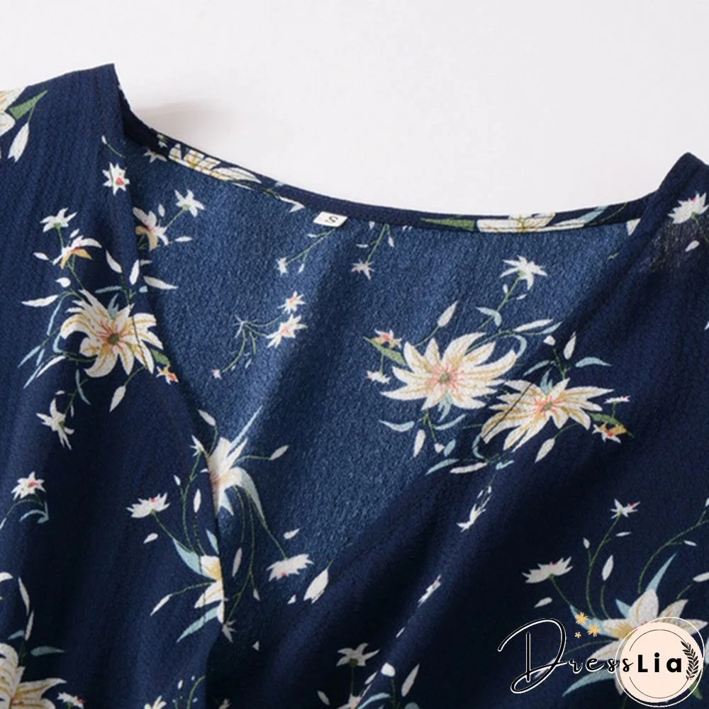 Women's Fashion Bohemian Skirt Chiffon Summer Print V-Neck Short-Sleeved Floral Dress