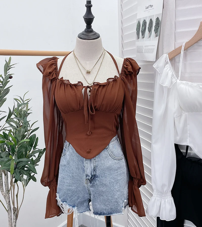 Uveng Spice Girls Shoulder-Mounted Neck With Long-Sleeved Chindal Wooden Ear-Deared Shirt Short With Chest Cushion Top 8873