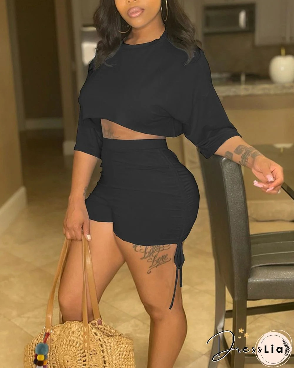 Solid Color Drop Shoulder Crop Top & Drawstring Ruched Shorts Set