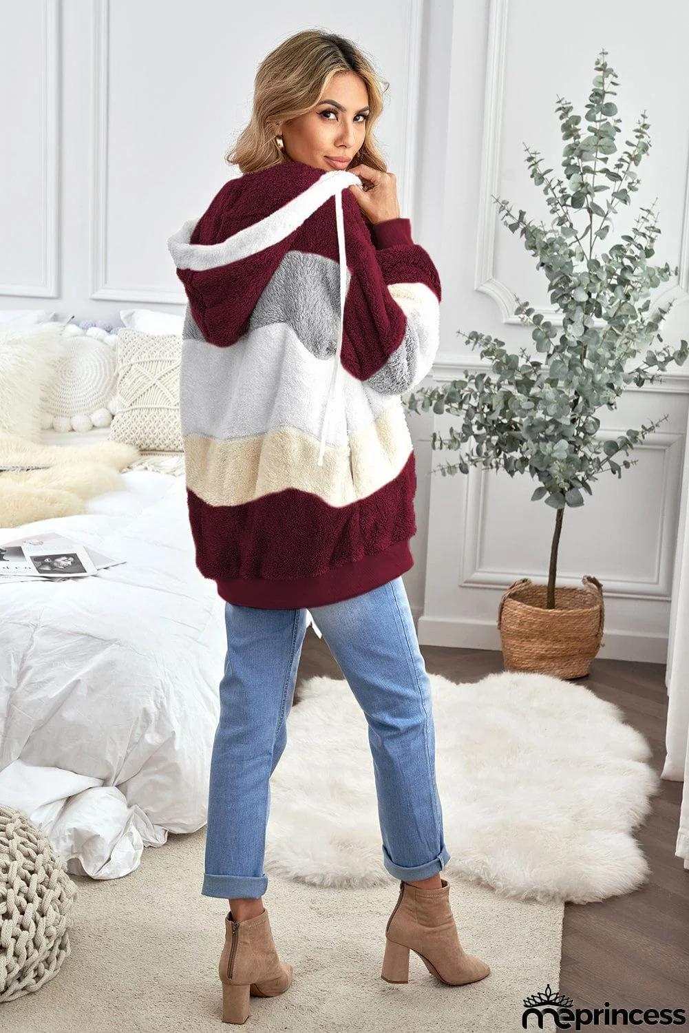 Colorblock Zip Up Sherpa Coat with Hooded