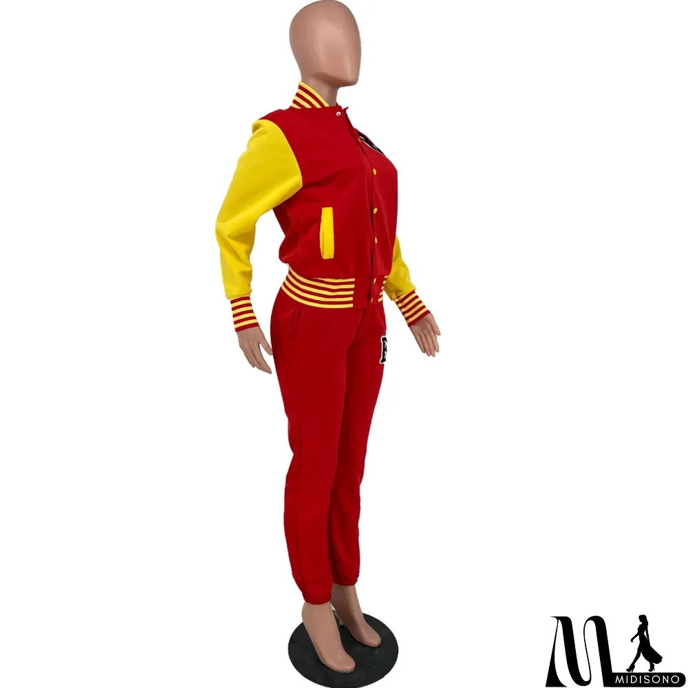 MidiSono - Women Letter Baseball Jacket and Pant Two-Piece Set