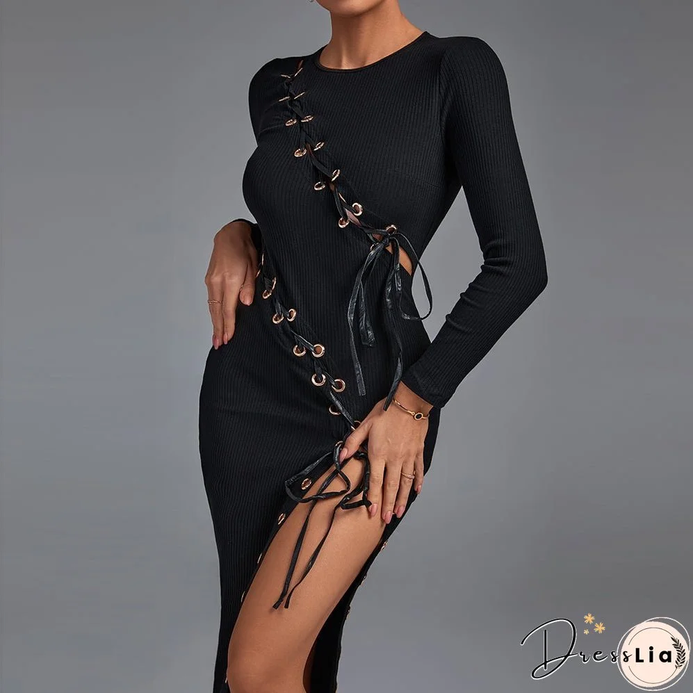 Round Neck Long Sleeve Lace Up Over Knee Bodycon Dress FSP19270