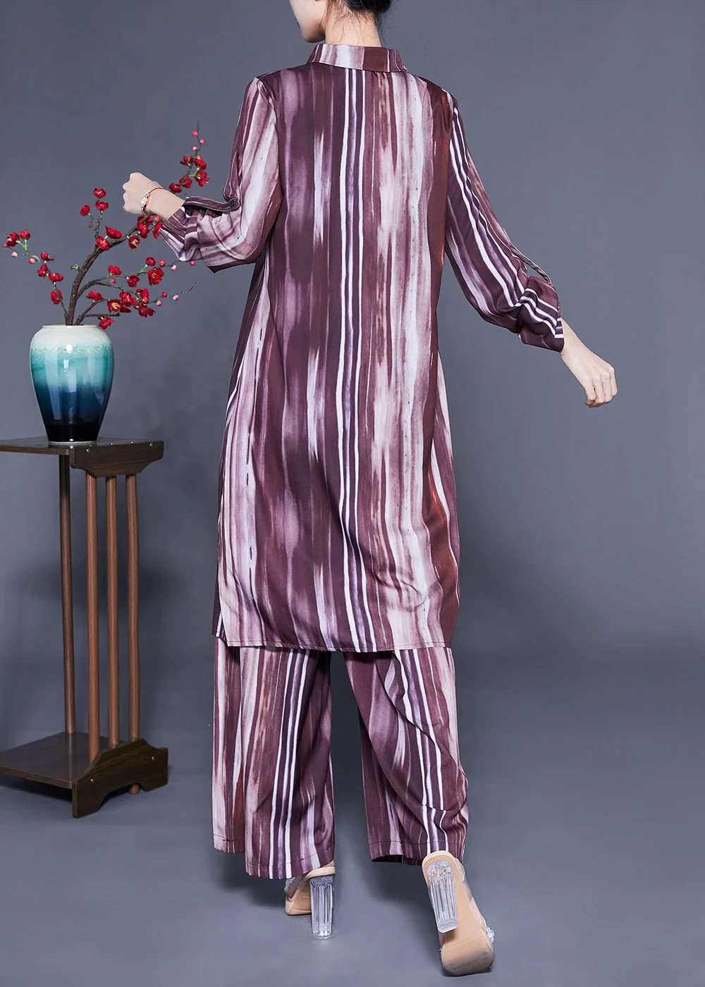 Plus Size Brown Peter Pan Collar Tie Dye Silk Long Shirt And Straight Pants Two Pieces Set Spring