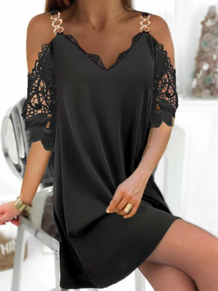 Women Elegant Buttons Wrist Sleeve Party Dress Sexy Mesh Patchwork O Neck Mini Dress Spring Casual Female Loose Dress Vestidos