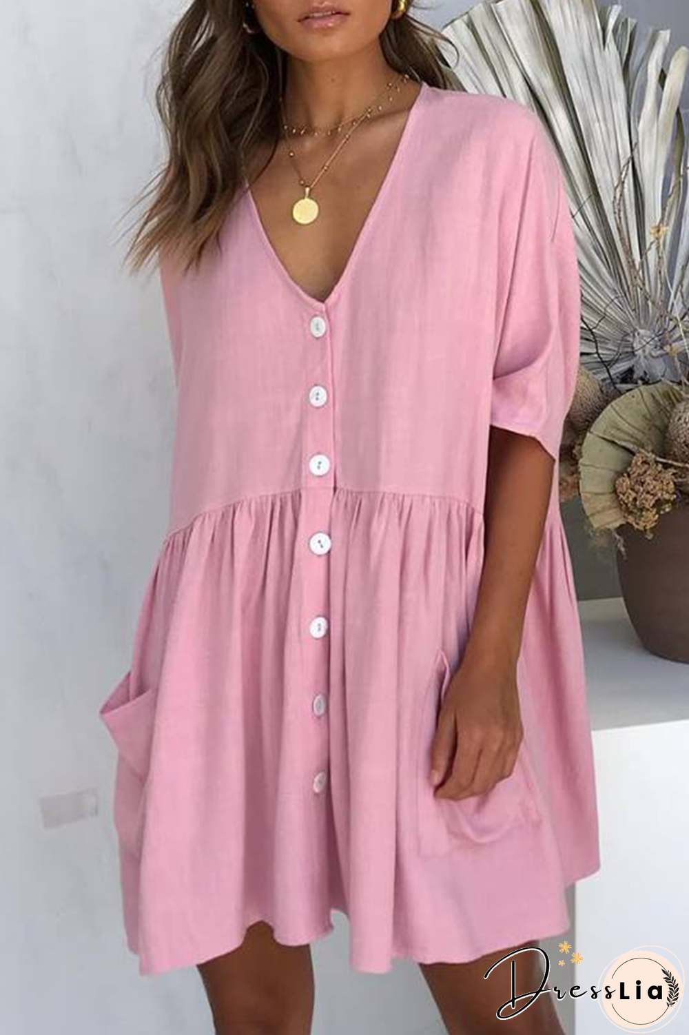 Casual Solid Pocket Buckle V Neck A Line Dresses