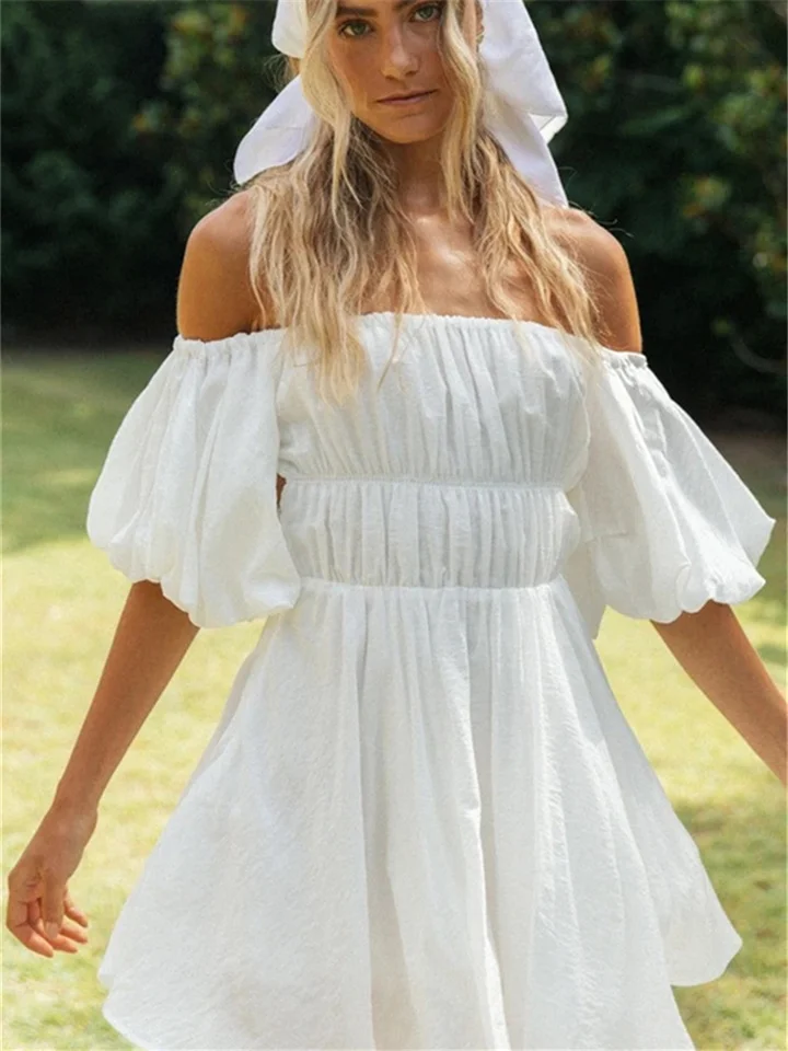 Sexy One-neck Off-the-shoulder Bubble Sleeve Elastic Waist Clear Big Swing Dress