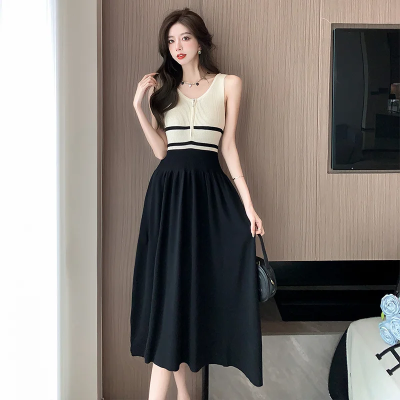 Ueong Style Soft Wind Spliced Zipper Sleeveless Striped Dress A Woman's Summer Waist Shows A Thin, Large Pendulum Vest Dress