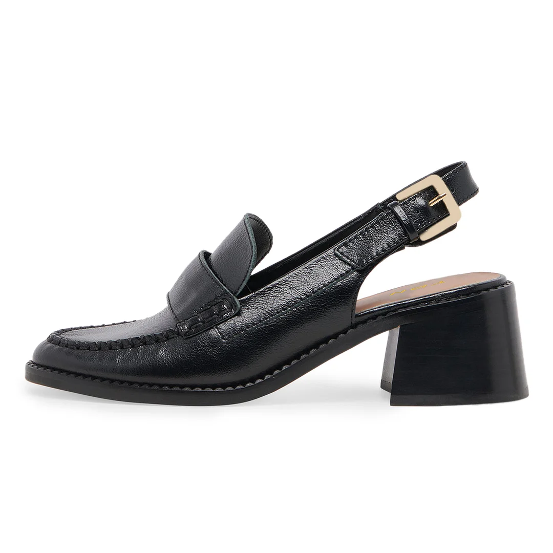 Vegan Leather Buckle Slingback Black Loafers with Block Heel