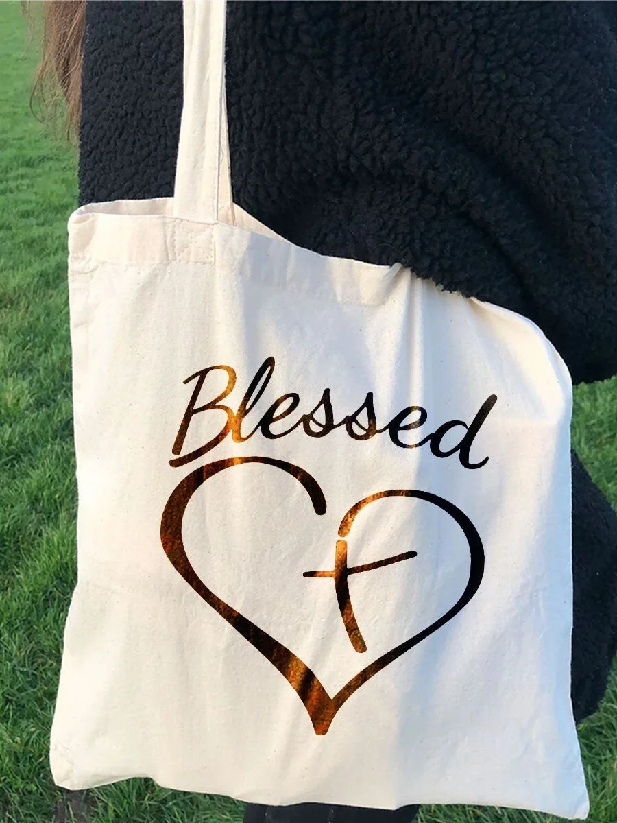Blessed cross heart tote canvas bag
