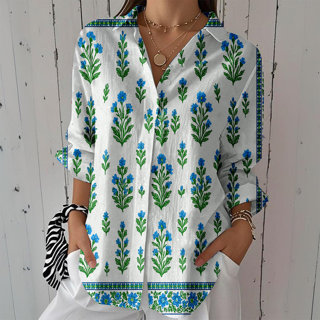 Women Long Sleeve V-neck Graphic Floral Printed Top