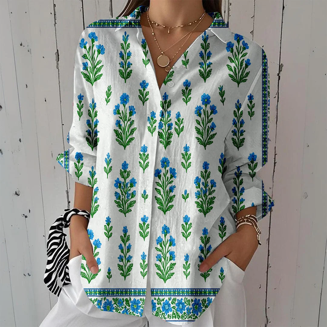 Style & Comfort for Mature Women Women Floral, Leaves, Green, Blue DZCL0115 3/4 Sleeve Shirt Collar Printed Button Tops