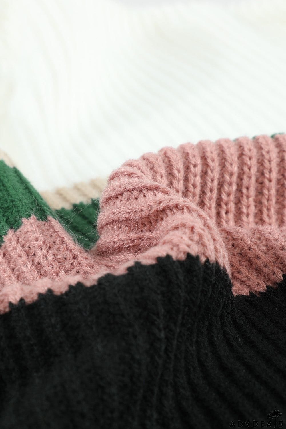 Khaki Colorblock V Neck Ribbed Knitted Sweater