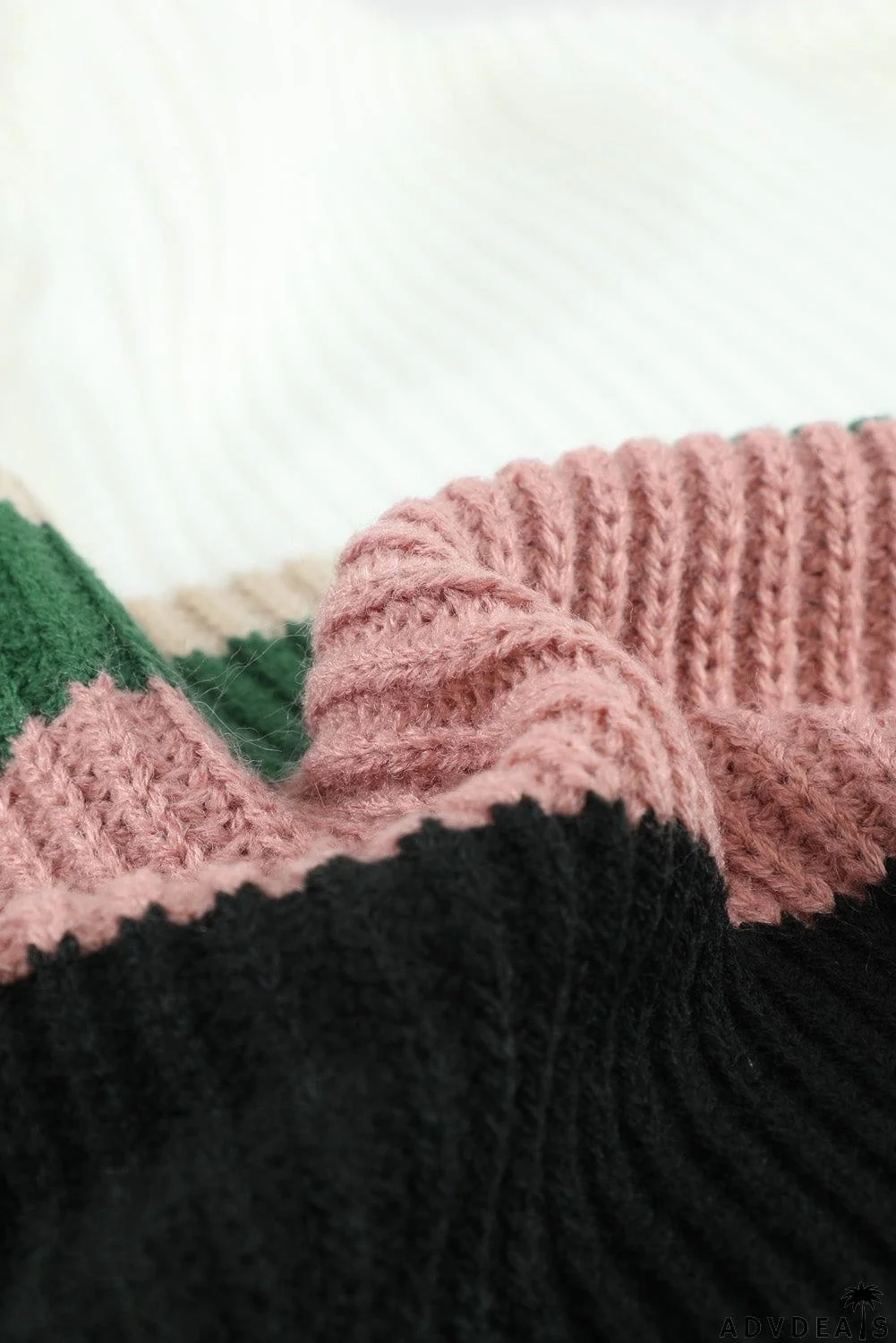 Khaki Colorblock V Neck Ribbed Knitted Sweater