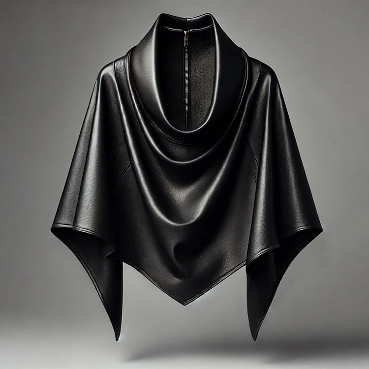 Ursime Cowl Neck Asymmetrical Hem PU Leather Cape