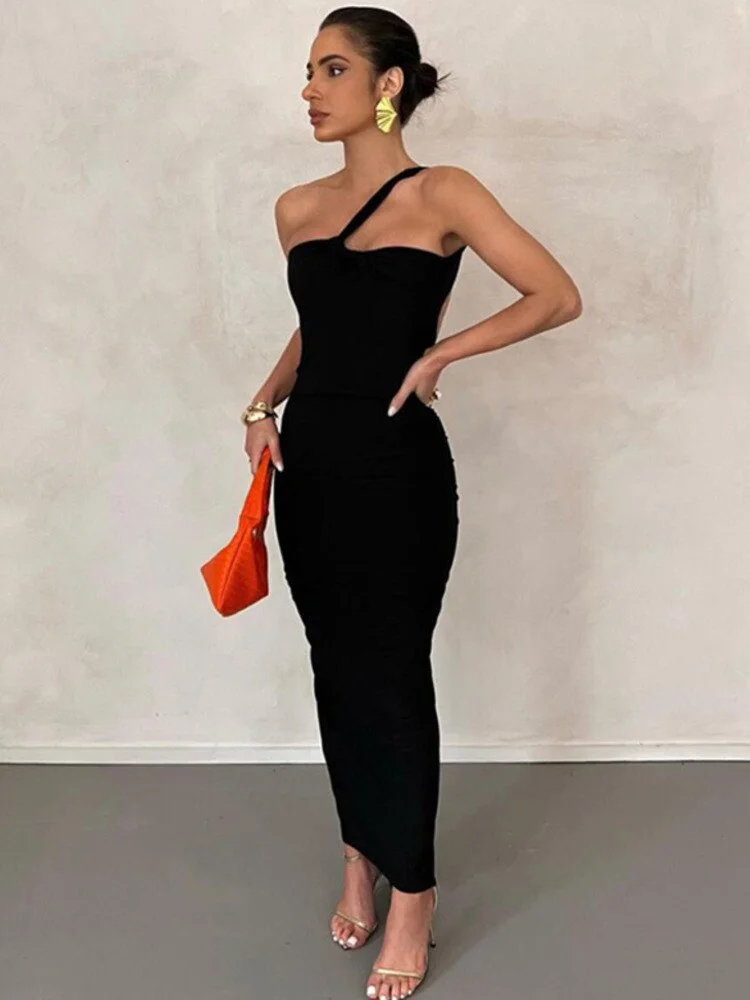 Oocharger Sexy Backless Maxi Dress For Women Robe Winter New Off-shoulder Sleeveless Bodycon Ruched Long Dress Vestido