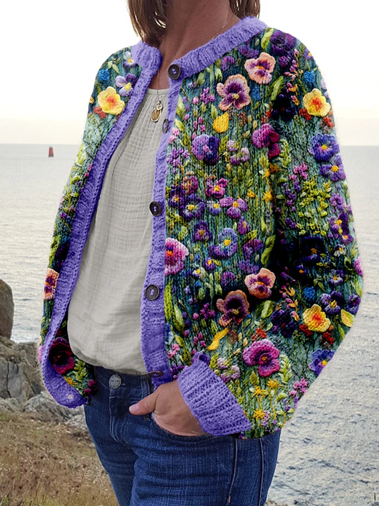 Utbros Purple Violet Wildflower Embroidered Cozy Knit Cardigan