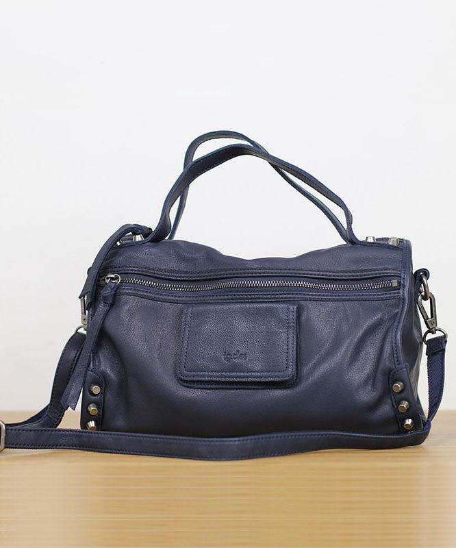 VCSHOES Blue Rivet Calf Leather Locomotive Tote Handbag