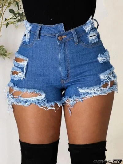 Distressed Raw Hem Denim Shorts with Pockets