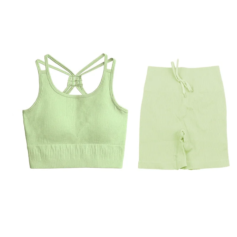 SVOKOR Sport Two Piece Sets Women Gym Tracksuits Workout 2Pcs Sexy Running Leggings Cycling Shorts Fitness Vest Short Crop Tops