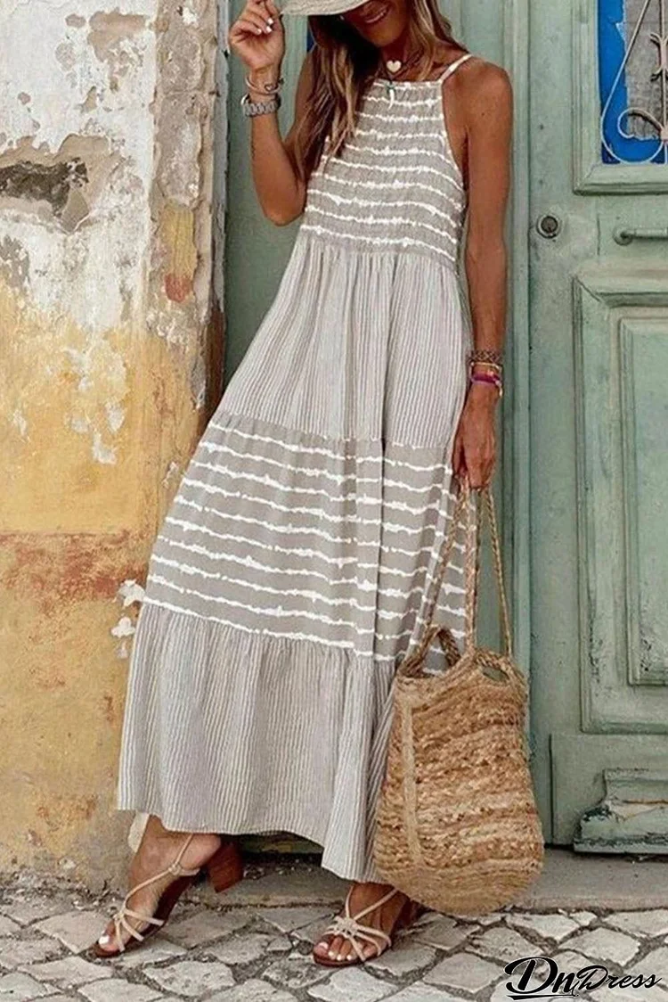 Stripe Patchwork Halter Neck Maxi Dress