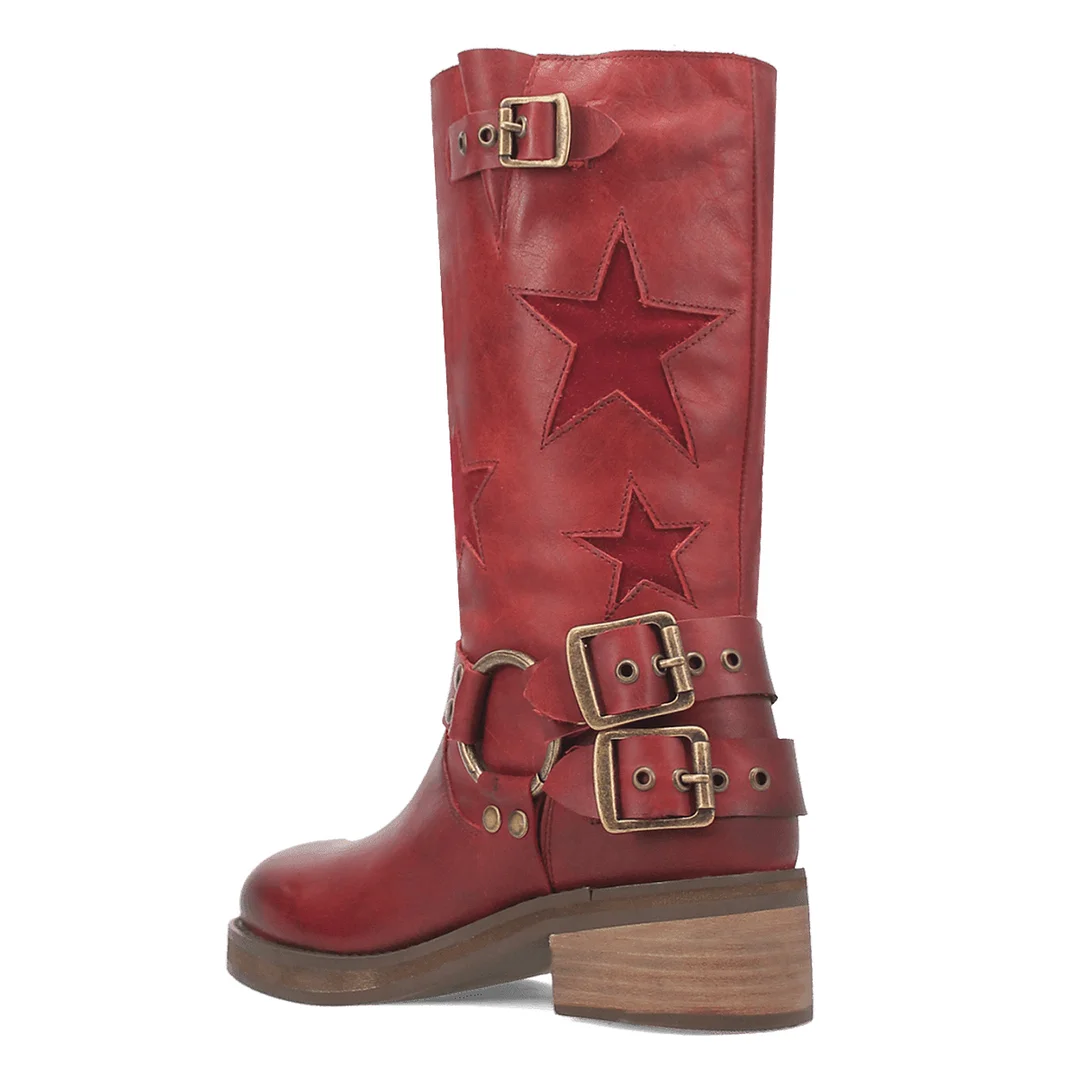 Maroon Vegan Leather Round Toe Star Inlay Studded Buckle Cowgirl Boots