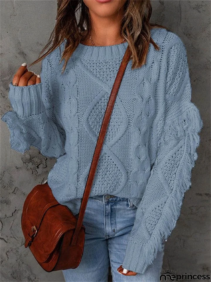 Loose-fitting Turtleneck Fringe Solid Color Pullover Knit Sweater for Women