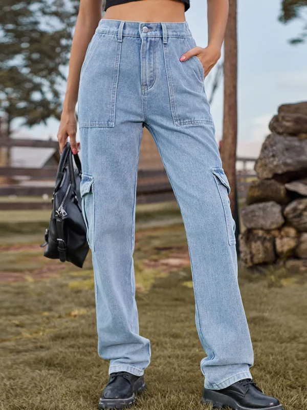 New Washed Semi Elastic Design Personalized Denim Workwear Casual Pants Flusfy