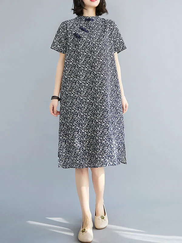 Artistic Retro Plaid Stand Collar Long Cheongsams Dress