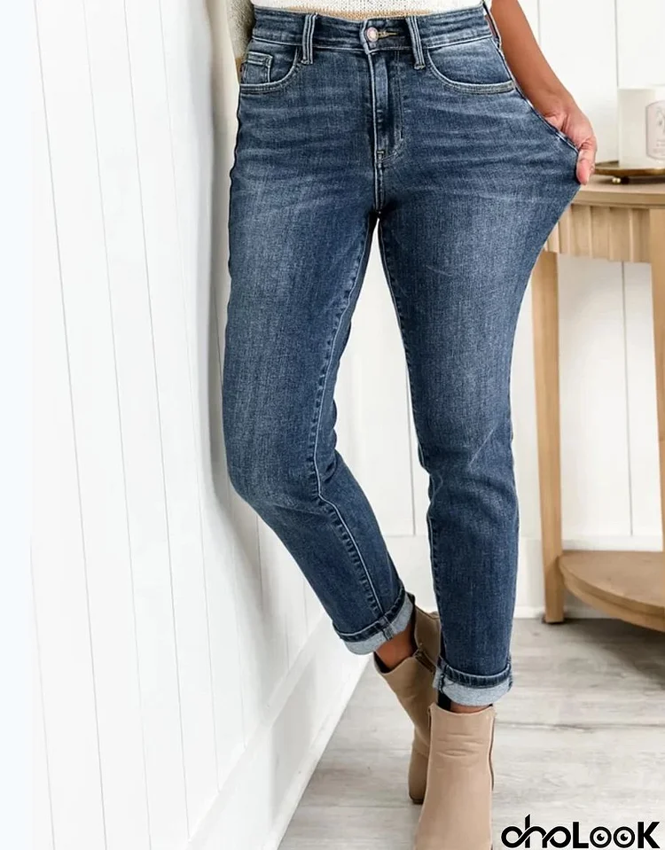 Plus Size Fashion Women Slim Basic High-Waisted Straight Jeans