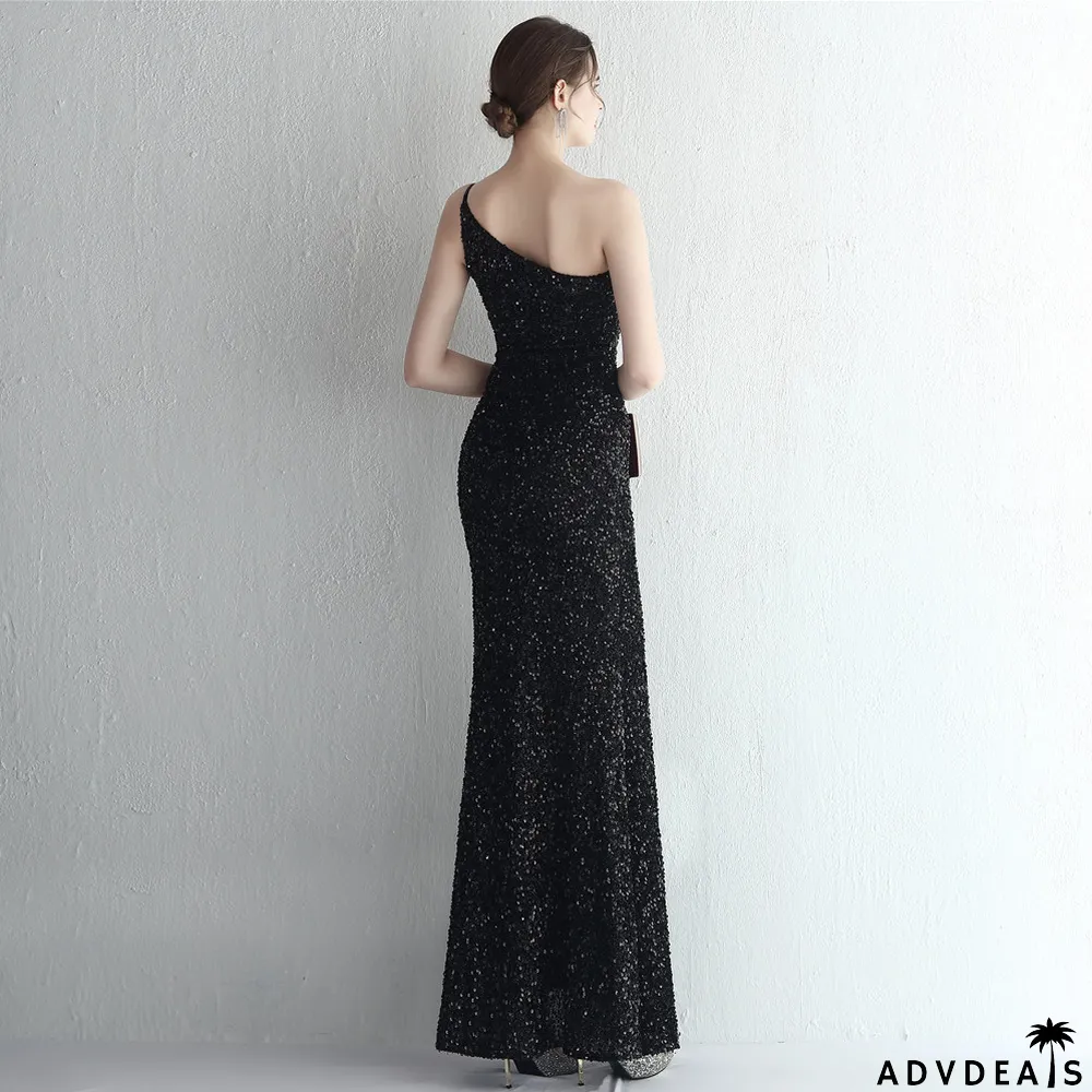 Women Sequined One Shoulder Strap Formal Party Slit Mermaid Evening Dress