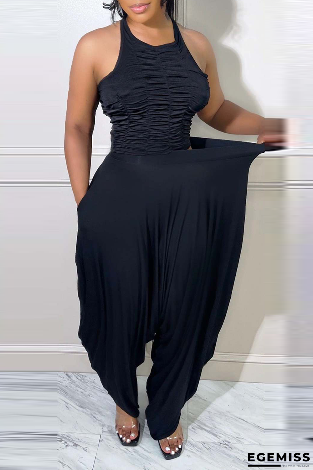 Black Street Solid Fold O Neck Sleeveless Two Pieces | EGEMISS