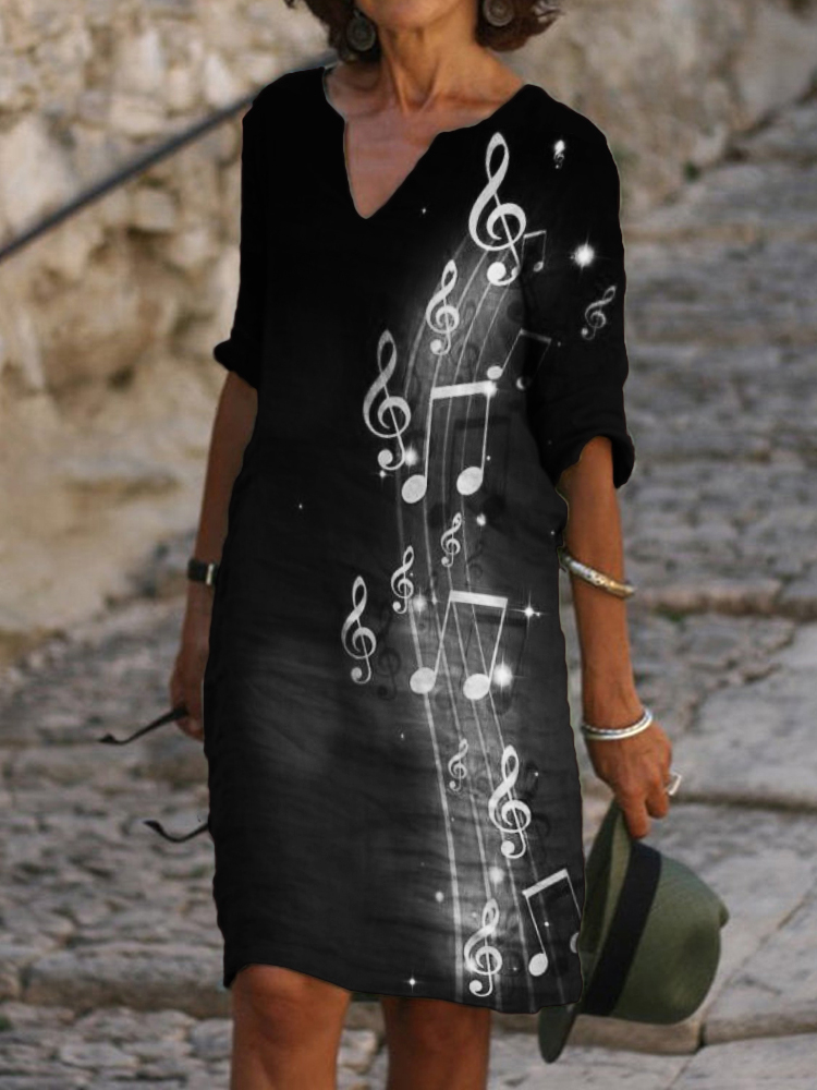 Elegant Glowing Music Notes Notch Neck Midi Dress wearshes