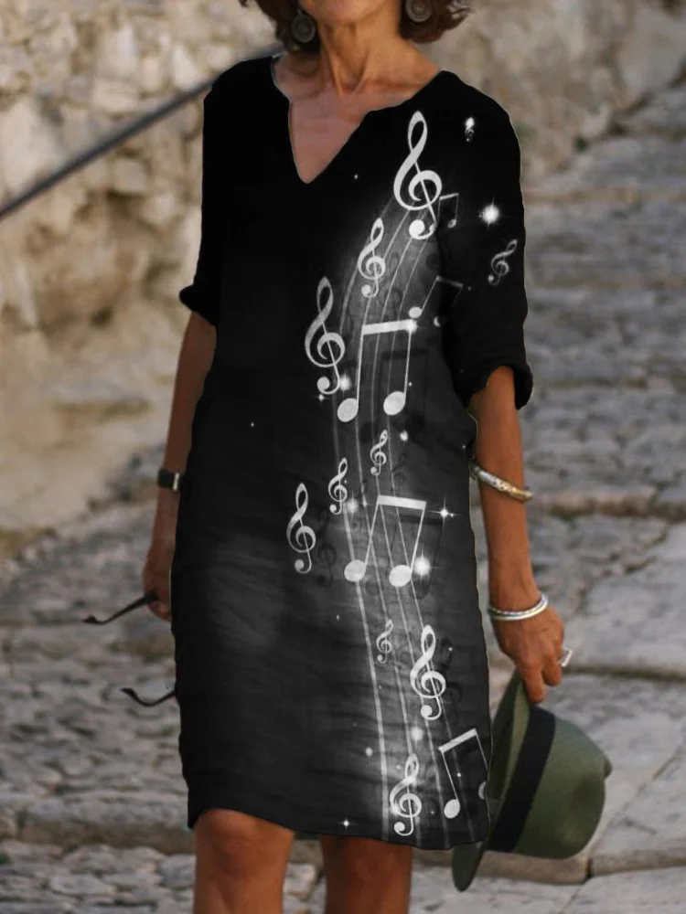 Elegant Glowing Music Notes Notch Neck Midi Dress