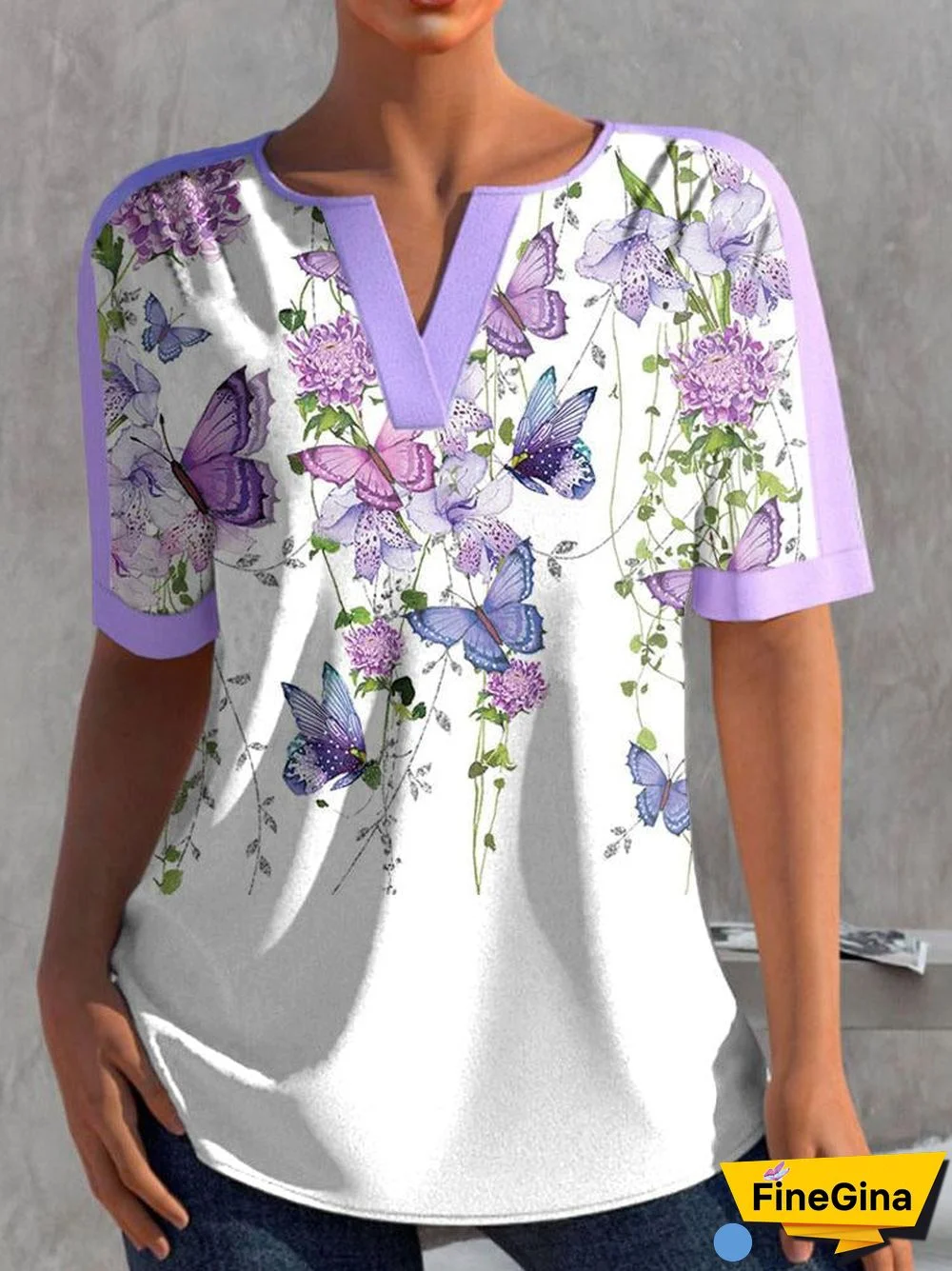 Purple Butterly And Flower Printed T-Shirt