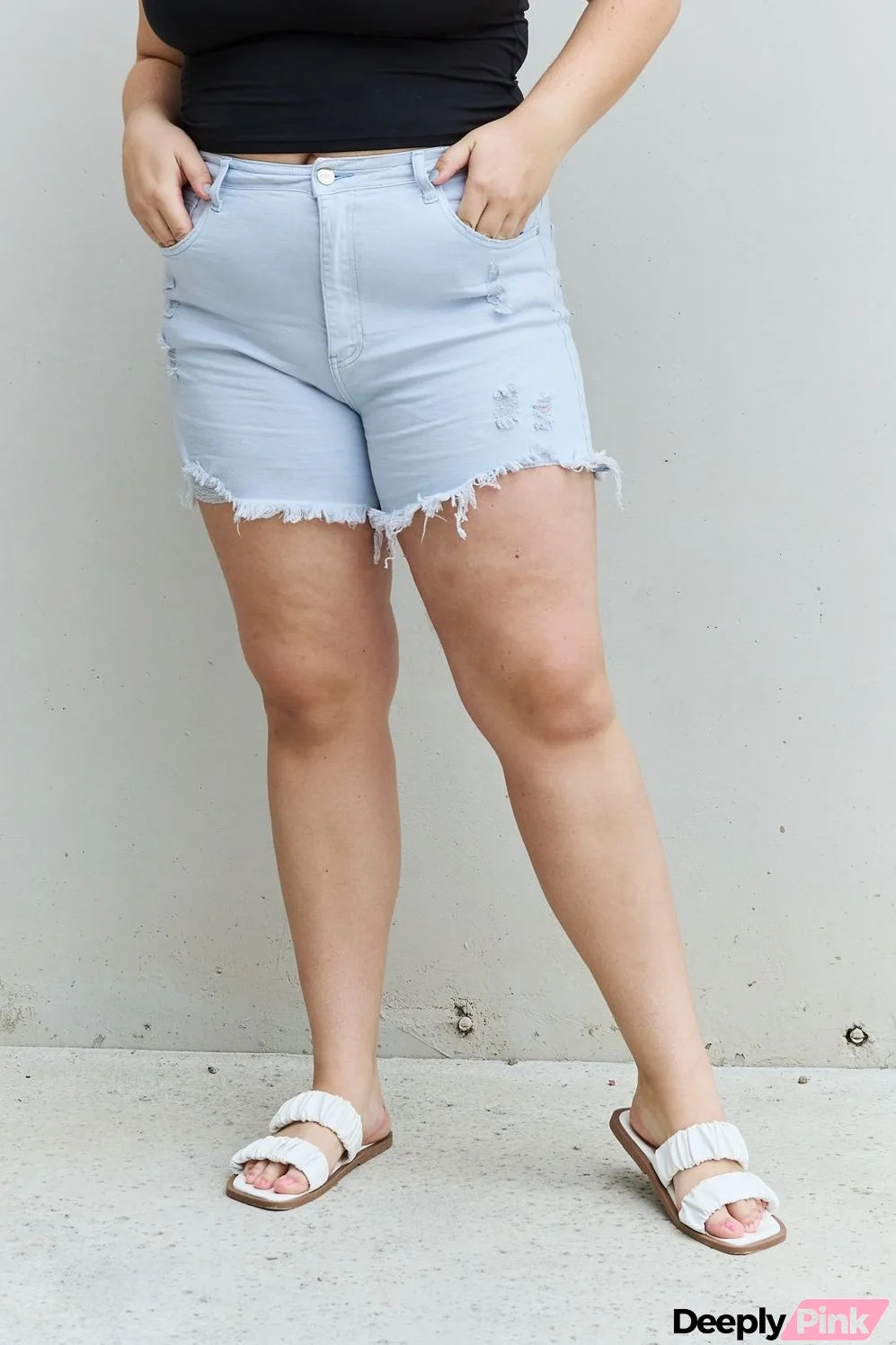 RISEN Katie Full Size High Waisted Distressed Shorts in Ice Blue